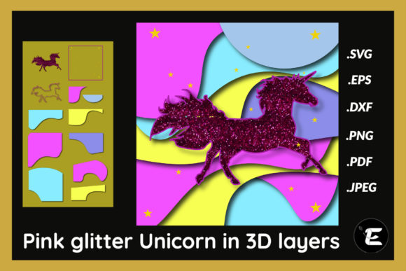 Pink Glitter Unicorn in 3D Layers